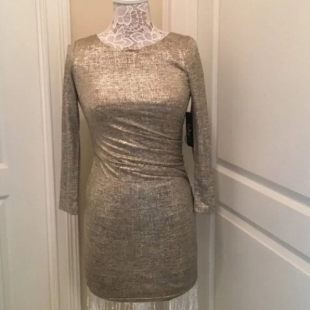Lulus Long Sleeve Gold Dress New Years party holiday shimmer NWT - Picture 1 of 6